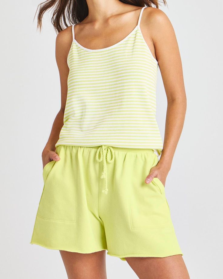 Lime Spring Beachwear Shorts For Lounging, Spring Loungewear Shorts For Lounging, Sporty Cotton Shorts For Vacation, Summer Beachwear Bottoms For Lounging, Green Cotton Pajama Shorts For Summer, Sporty Lounging Shorts For Summer, Comfortable Sleepwear With Built-in Shorts For Summer, Summer Lounging Pajama Shorts With Relaxed Fit, Summer Pajama Shorts For Lounging With Relaxed Fit