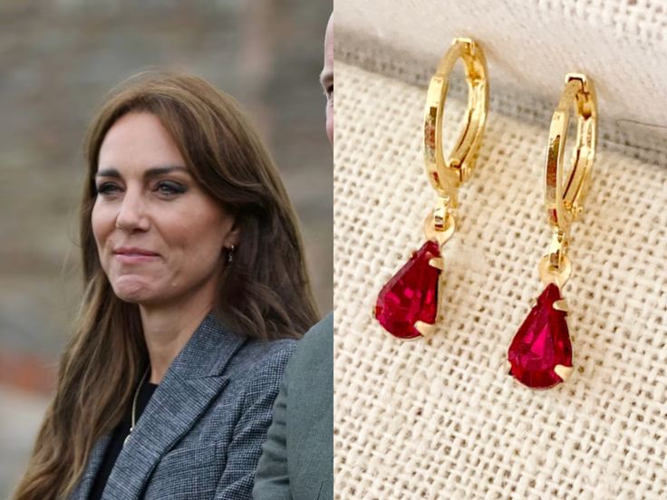 Beautiful ruby teardrop earrings inspired by the Duchess of Cambridge. gold plated brass teardrop settings- 13x8mm ruby red faceted teardop pear shape stones- 13x8mm gold plated brass earring hoops for pierced ears- 11mm 1 inch in length the stones are prong set for security when wearing they are very lightweight and comfortable Teardrop Ruby Jewelry In Yellow Gold, Teardrop Ruby Jewelry With Matching Earrings, Ruby Tear Drop Earrings, Pear-shaped Ruby Gemstone Earrings, Ruby Earring, Red Ruby Pear-shaped Earrings, Earring Hoops, Brass Earring, Ruby Earrings