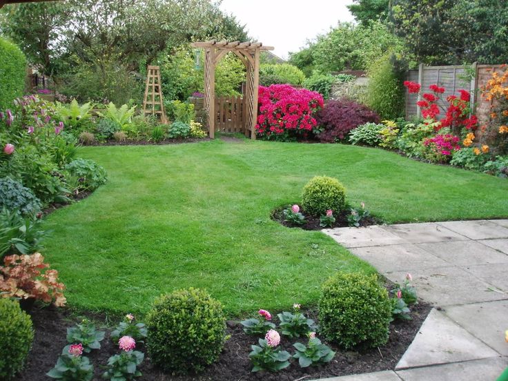 a garden with lots of green grass and flowers