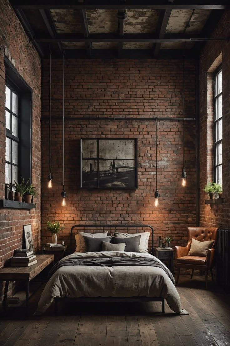 an industrial bedroom with brick walls and wooden floors, exposed lighting, large bed, two armchairs on either side