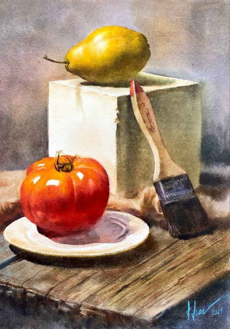 a painting of a tomato and a brush on a plate with a vase in the background