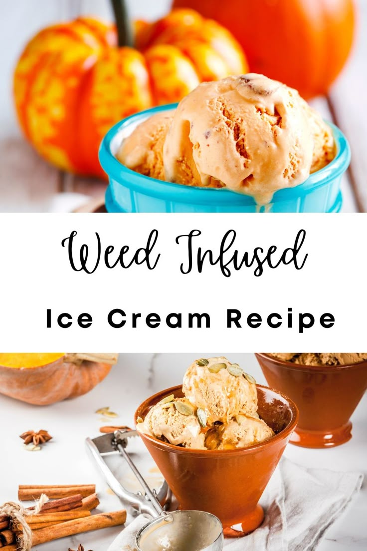 two bowls filled with ice cream next to pumpkins and other fall foods on a table