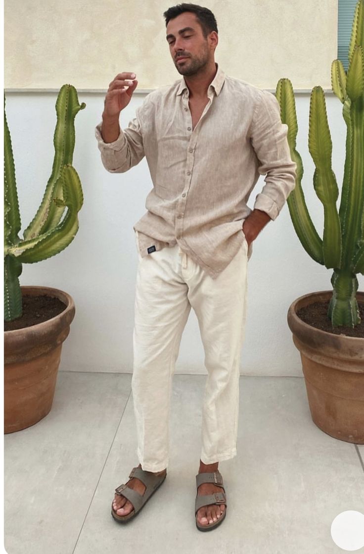 Men Island Outfit, Mens Birkenstocks Outfit Summer, Men Beach Outfit Aesthetic, Men’s Old Money Style Summer, Vacation Men’s Fashion, Vacation Outfits Men, Beach Outfit Men, Party Outfit Men, Greece Outfit