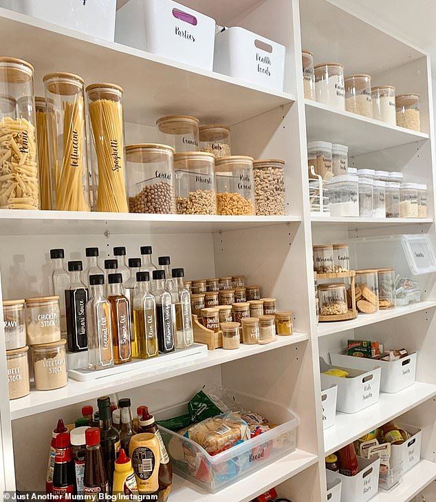 the shelves are filled with various types of food and condiments, including pasta