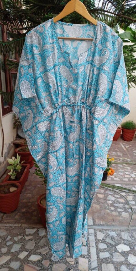 Bohemian Blue Sleepwear For Vacation, Blue Bohemian Sleepwear For Vacation, Summer Cotton Kaftan For Home, Blue Bohemian Sleepwear For Home, Traditional Summer Home Dress, Blue Cotton Kaftan For The Beach, Traditional Cotton Kaftan For The Beach, Blue Cotton Kaftan In Free Size, Blue Cotton Kaftan For Loungewear