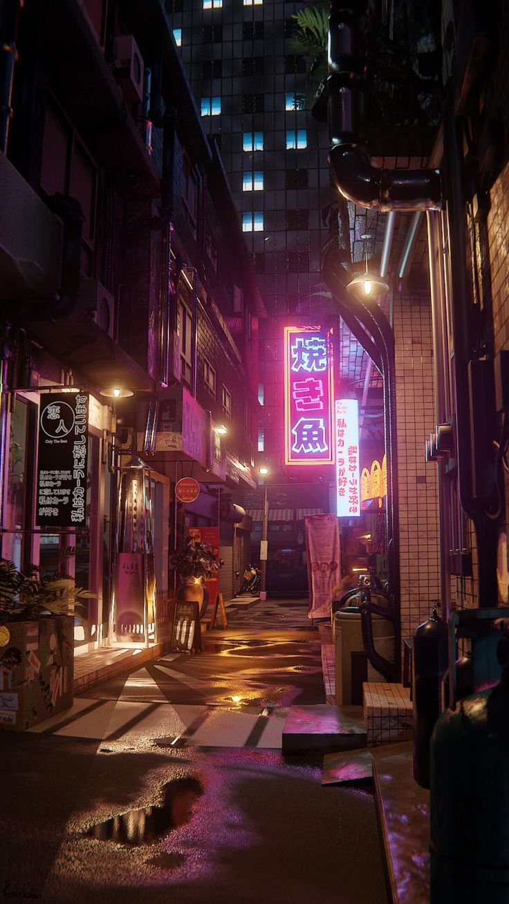 a city street at night with neon signs