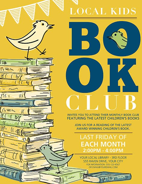 a book club poster with a bird sitting on top of a stack of books and the words, local kids'book club