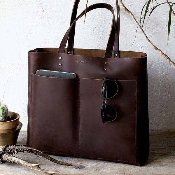 The Handmade Leather Tote Holds Your Everyday Items in Style Handmade Leather Tote, Cowhide Bag, Black Leather Bag, Oversized Bag, Brown Leather Totes, Leather Projects, Leather Gifts, Black Leather Bags, Leather Bags Handmade