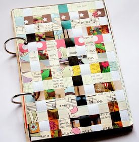 a book with many pictures on it and the words woven paper journal cover written in black ink