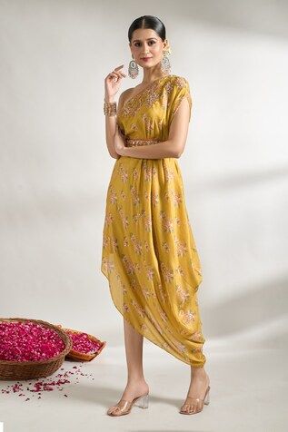 Mustard one shoulder dress with floral print and gota, zari thread, sequin, cutdana embroidered neckline. Paired with embroidered belt. - Aza Fashions Traditional Drape Dresses For Spring, Elegant Summer Saree Dress, Floor-length Summer Dresses For Reception, Floral Print Saree Dress For Summer, Summer Anarkali Dress With Sequins, Traditional Party Dresses With Printed Motifs, Summer Designer Floral Print Dresses, Summer Designer Dresses With Floral Print, Designer Summer Dresses With Floral Print