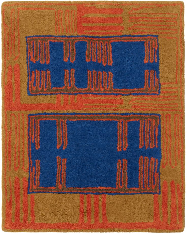 an orange and blue rug with two squares on the bottom, one square in the middle