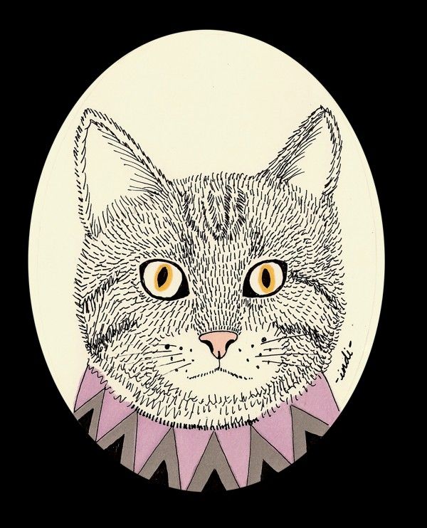 a drawing of a cat wearing a pink collar