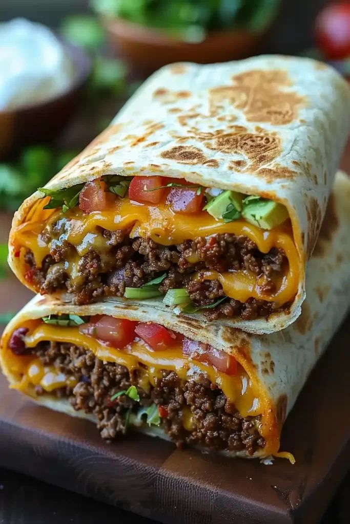 two burritos stacked on top of each other with meat, cheese and veggies