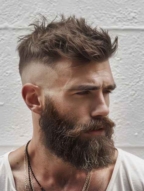 Haircut Beard Men, Haircuts For Bearded Men, Mens 2024 Haircuts, Short Hair Styles For Man, Short Hair Long Beard, Short Hair Mens, Haircut For Men Fade, Fade Haircut Men, Viking Haircut