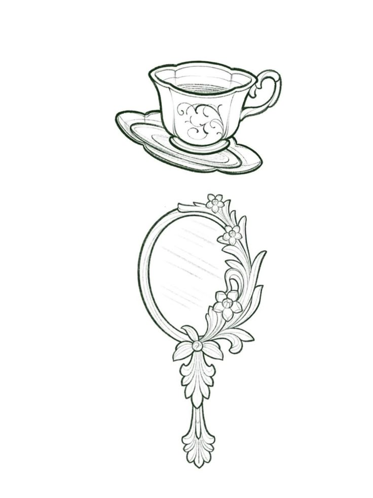 a drawing of a cup and saucer with a mirror on the side, in black and white