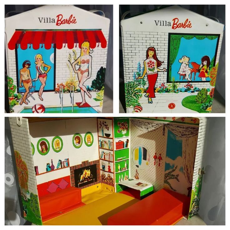 the inside of a doll house that has been painted red, yellow and green with an image of a woman in a bathing suit