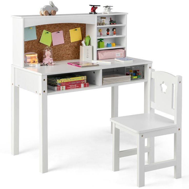 a white desk with a chair next to it and a bulletin board on the wall