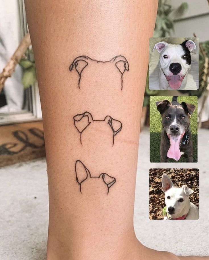 a dog's face is drawn on the leg of a woman with four different pictures