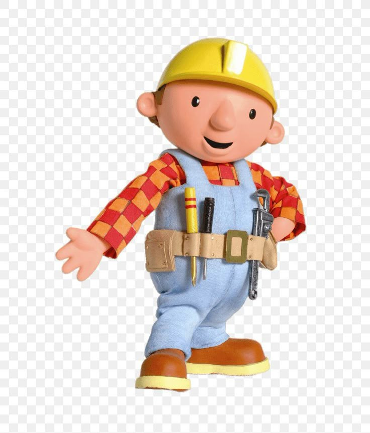 a cartoon character wearing overalls and a hard hat with tools in his hands, on a