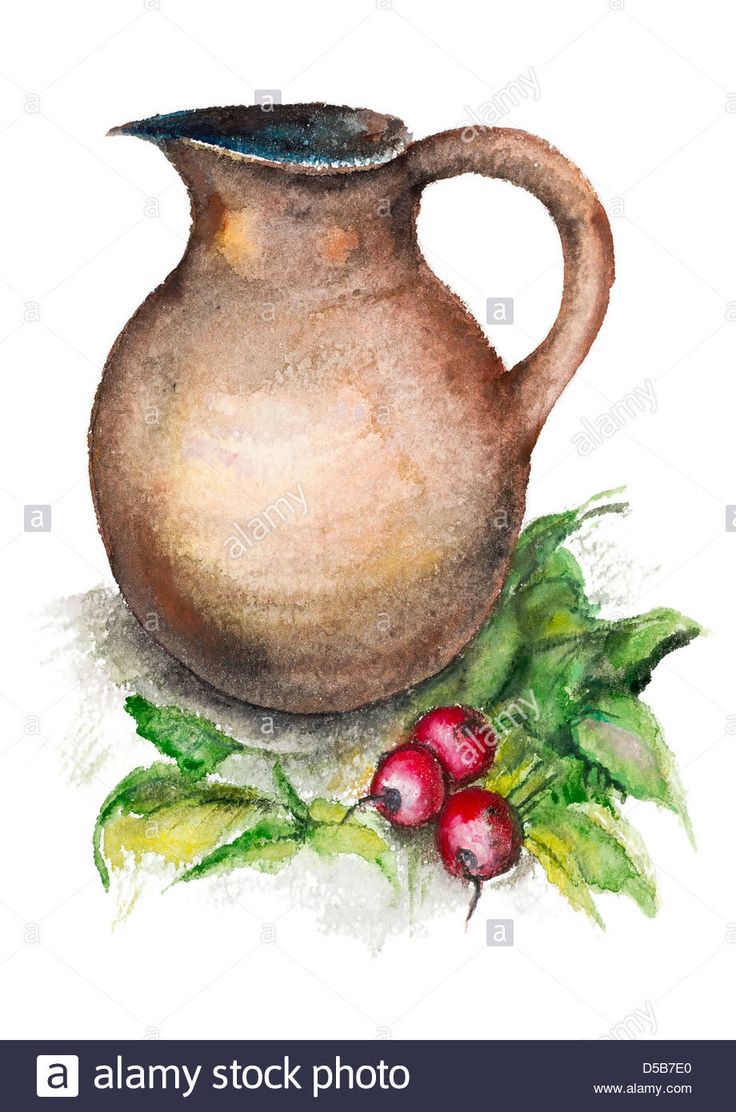 a watercolor painting of a pitcher and berries