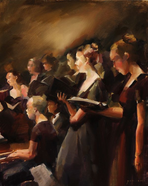 an oil painting of women singing in a choir