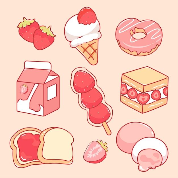 an assortment of different types of food on a light pink background, including ice cream, donuts, and strawberry shortbreads