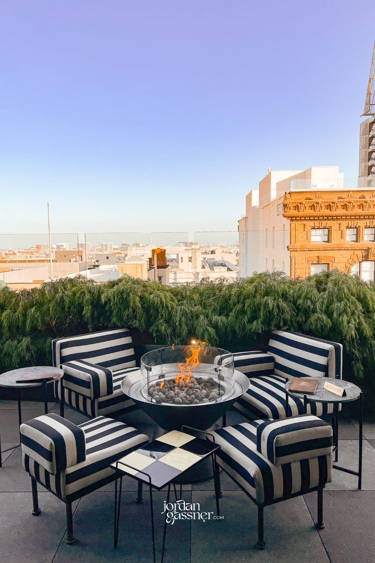 One of the outdoor fire-pit setups at Charmaine's Rooftop Bar & Lounge above the San Francisco Proper Hotel Travel San Francisco, Proper Hotel, San Francisco Itinerary, Trip To San Francisco, Hotel California, San Francisco Travel, Luxury Boutique Hotel, California Design, Planning A Trip