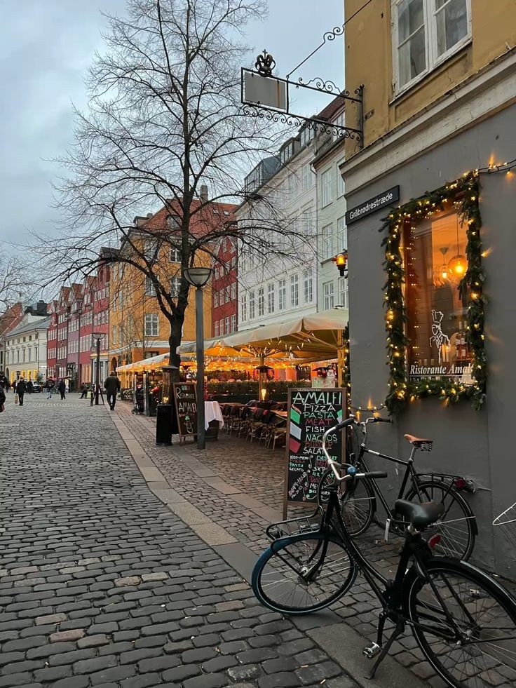 two bikes parked on the side of a brick road next to buildings with christmas lights