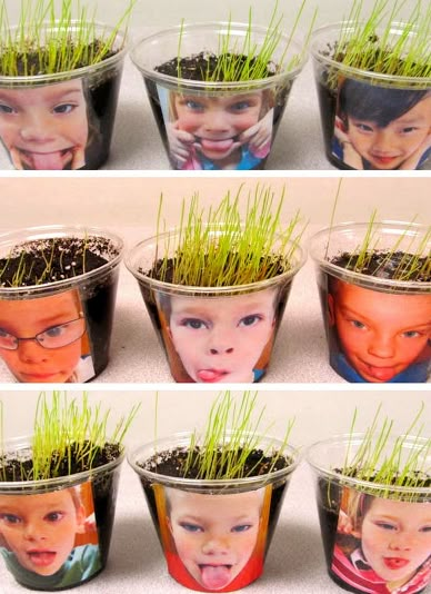 there are many small pots with grass growing out of the top, and one has a child's face on it