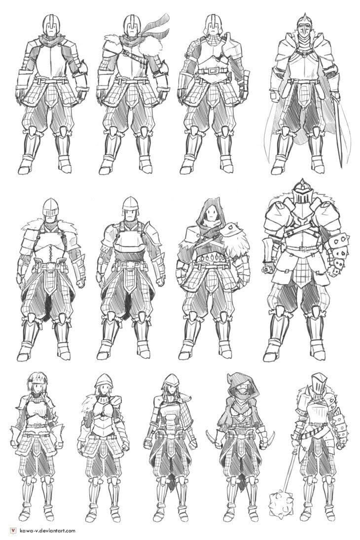 some sketches of knights from the video game