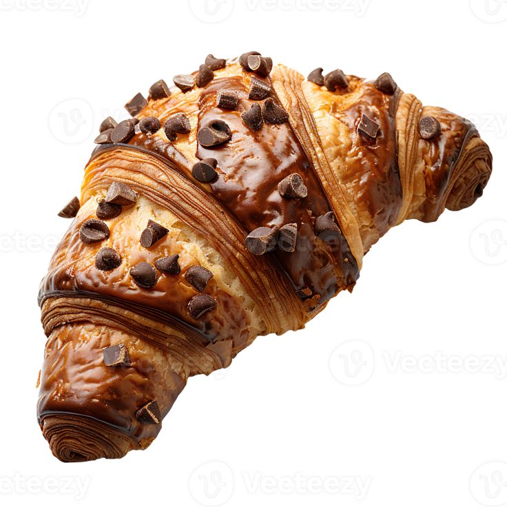 a croissant with chocolate chips on it is flying through the air in front of a white background