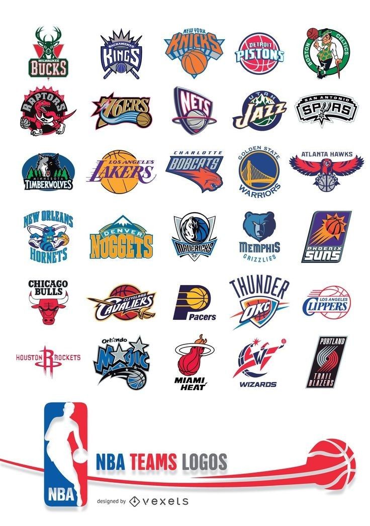 an image of the logos of basketball teams in different colors and sizes on a white background