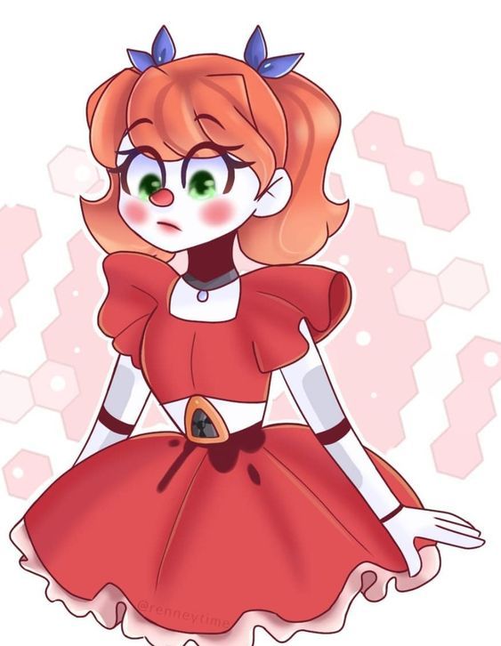 a drawing of a girl in a red dress with green eyes and bows on her head