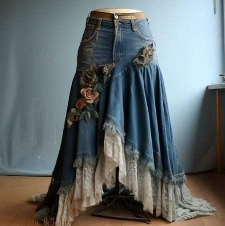 a woman's denim skirt with flowers on the bottom and lace trimmings