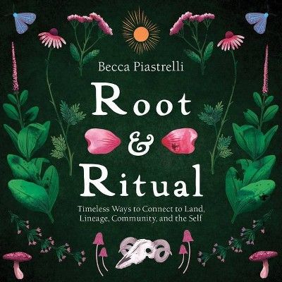 the book cover for root and ritual, featuring pink flowers and green leaves on a black background