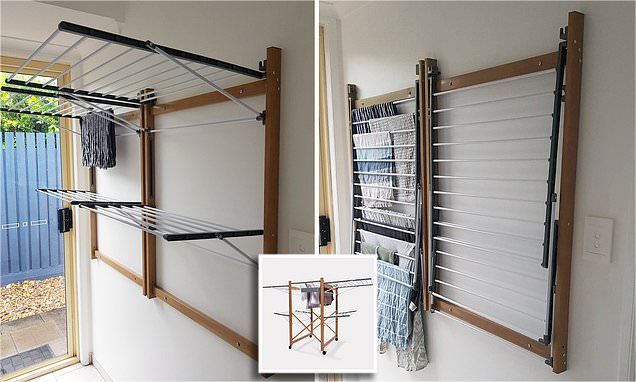 two pictures of clothes drying on racks next to an open door and another photo of the same hanging rack