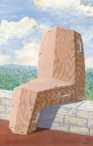 a piece of wood sitting on top of a brick wall next to a sky filled with clouds