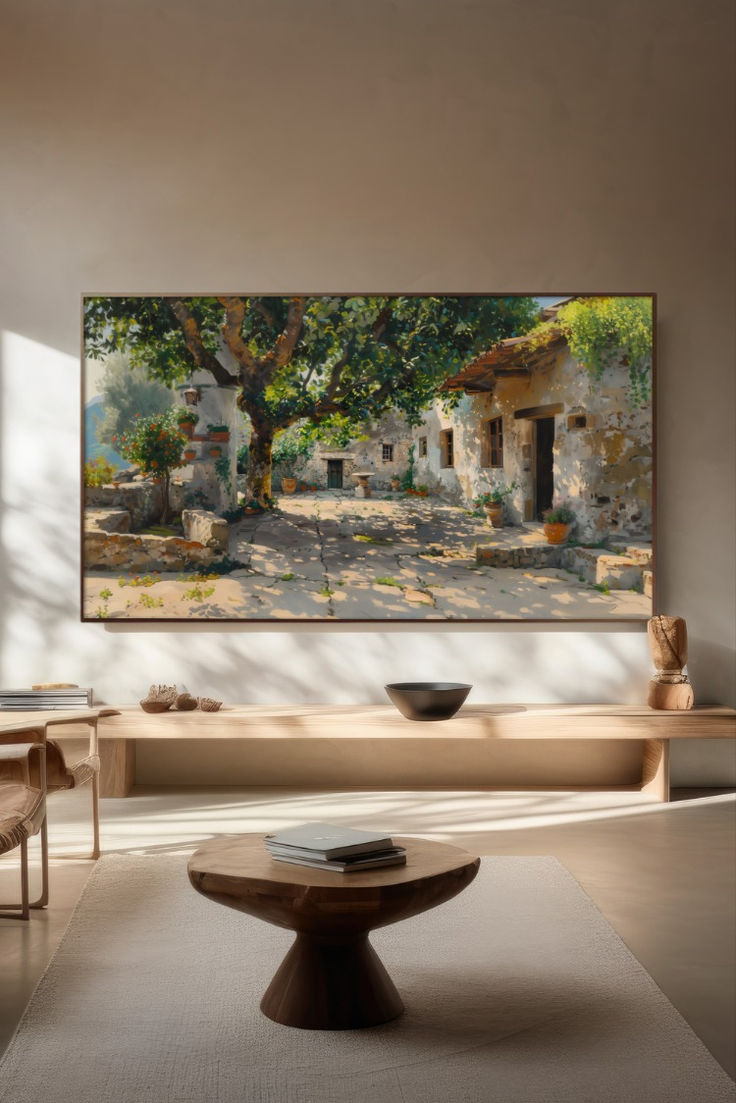 Transform your Samsung Frame TV into a Mediterranean garden oasis with our exquisite TV art painting. This vibrant summer landscape brings the beauty of a lush garden right into your living room, bedroom, or office, creating a serene and captivating atmosphere. Perfect for enhancing your home decor, this art piece turns your TV into a stunning focal point even when it's off. Click to explore more and elevate your space with this beautiful Mediterranean garden art for your Frame TV! #TVArt Samsung Frame Tv Bedroom, Samsung Frame Tv Living Room, Tv Painting Frame, Tv Art Frame, Samsung The Frame Tv Living Room, The Frame Samsung Ideas, Frame Tv Living Room, The Frame Tv Samsung, Frame Tv Gallery Wall