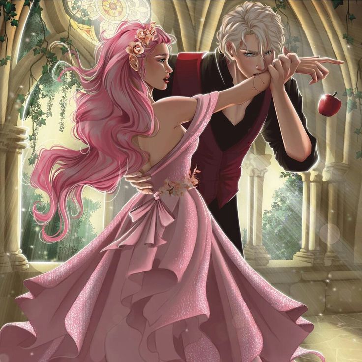 an image of a man and woman dancing in front of an apple tree with pink hair