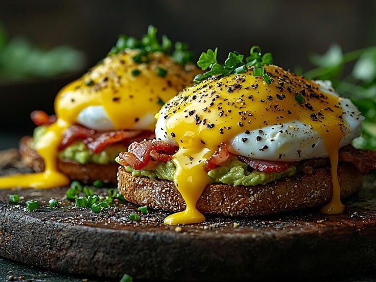 two eggs on toast with bacon and avocado drizzled over them