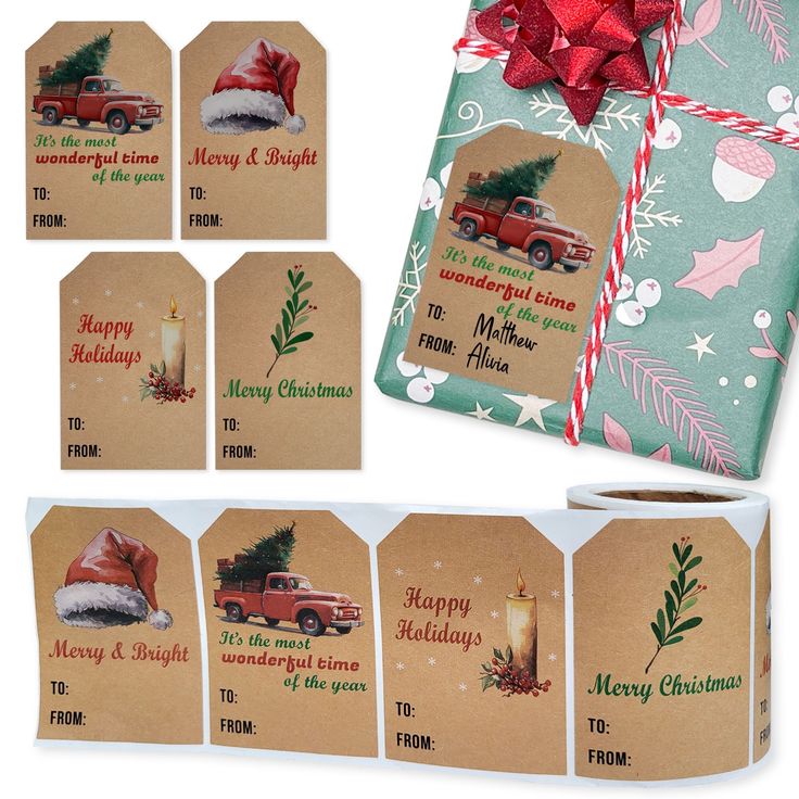 christmas gift tags with red truck and tree on them