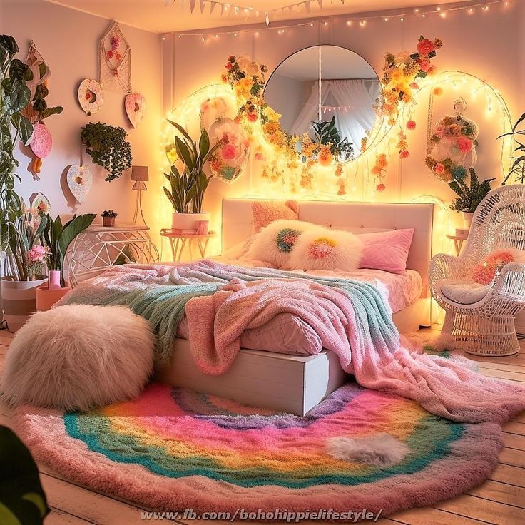 a bedroom decorated in pastel colors and lights