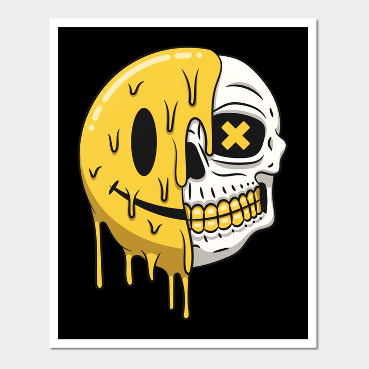 a yellow skull with black eyes and crossbones on it's face is dripping paint