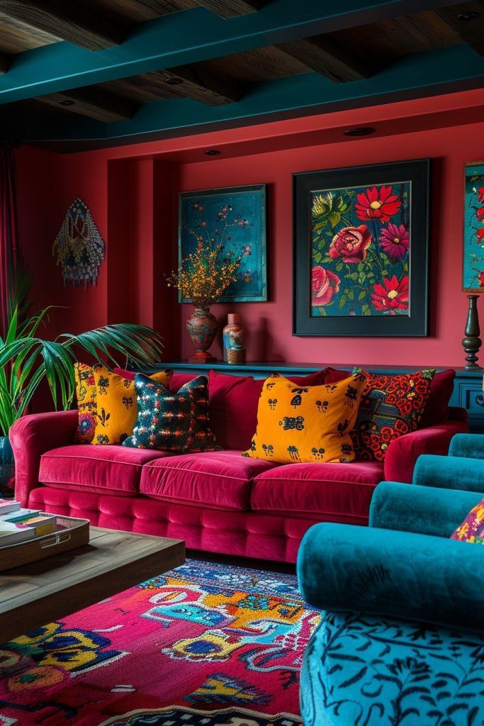 a living room filled with lots of colorful furniture and paintings on the wall above it