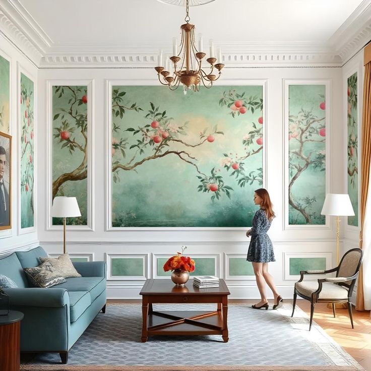 a woman standing in a living room next to a blue couch and table with flowers on it