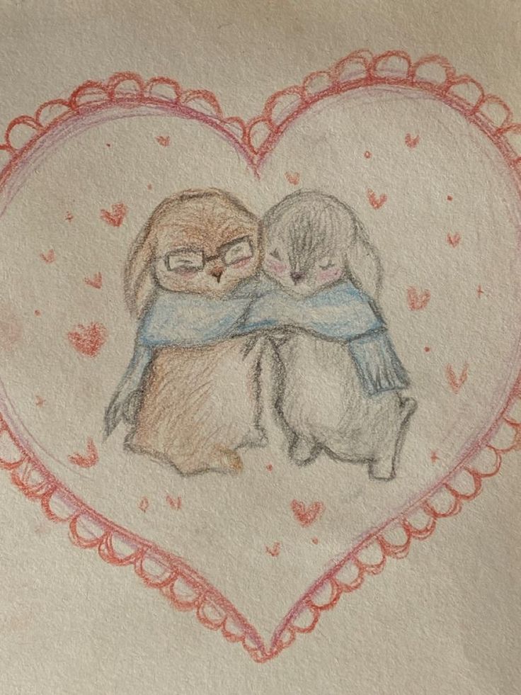 a drawing of two cats hugging in front of a heart