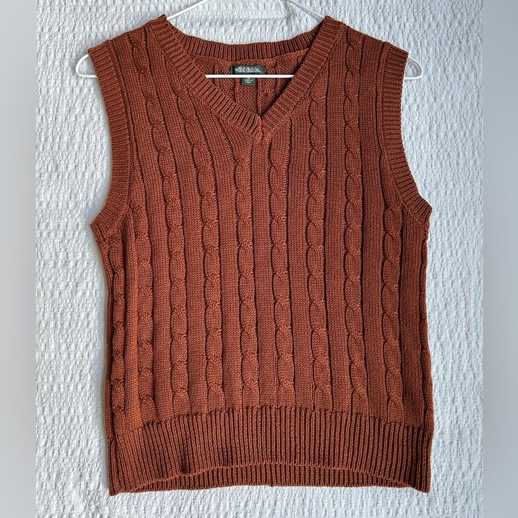 Such A Cute Color And Style! Never Worn And Perfect Condition Casual Orange Sleeveless Sweater Vest, Orange Sleeveless Top For Winter, Casual Brown Cable Knit Top, Casual Brown Sleeveless Sweater, Casual Sleeveless Brown Sweater, Black Cropped Sweater, White Long Sleeve Sweater, Yellow Cardigan, Colored Cardigans