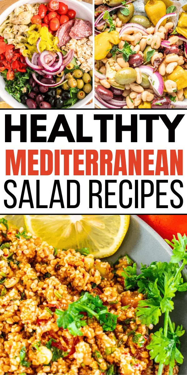 healthy mediterranean salad recipe with lemons, olives and tomatoes in the background is collage