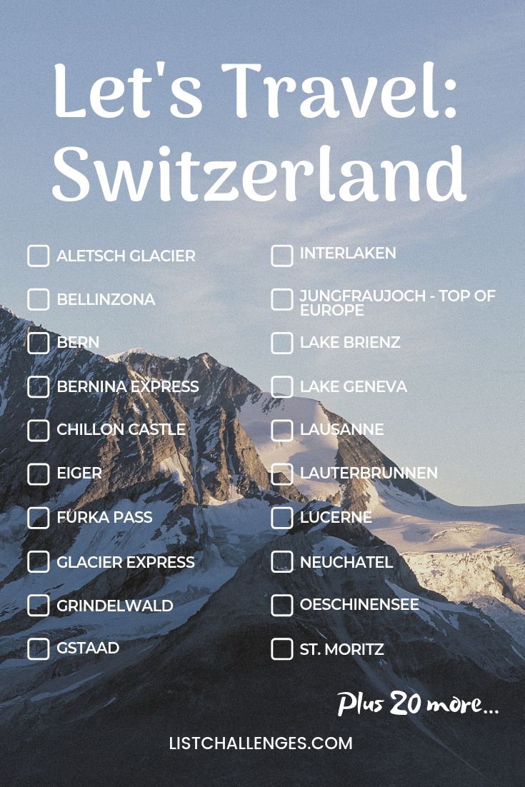 a poster with the words let's travel switzerland on it and mountains in the background