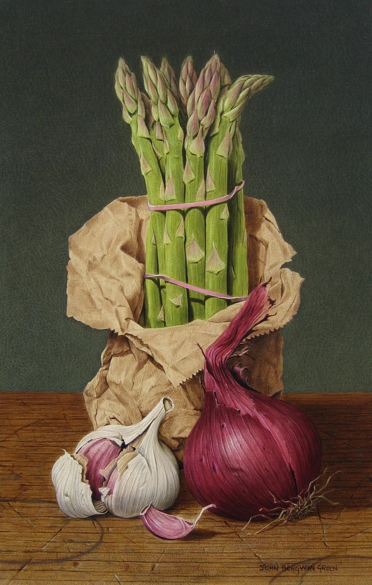 an oil painting of asparagus and garlic on a wooden table next to a brown paper bag